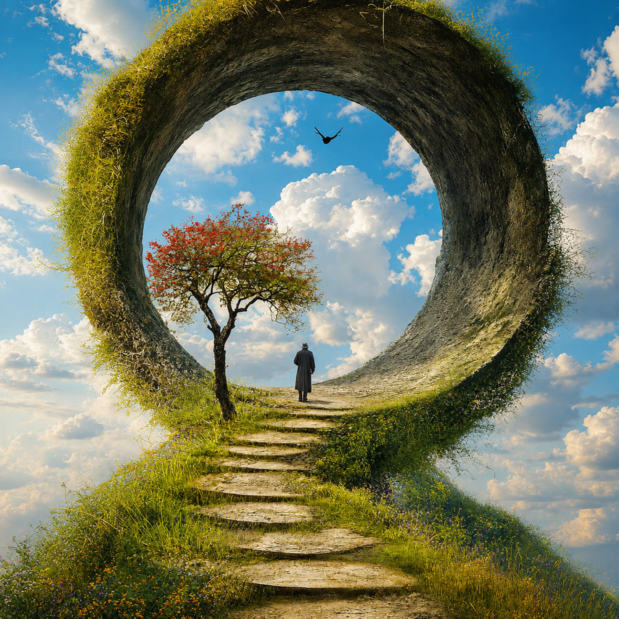 Un escalier de pierres mène un promeneur vers une large ouverture ronde, ourlée d'herbe, qui découvre le ciel, un arbre en fleurs et un oiseau